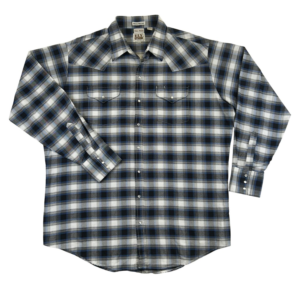 Ely Cattleman Shirt Mens 2XLT Tall Blue Plaid Long Sleeve Western Snap Pockets